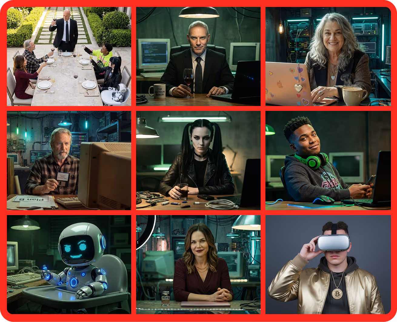 Grid of the nine characters from the MBPS malware family campaign