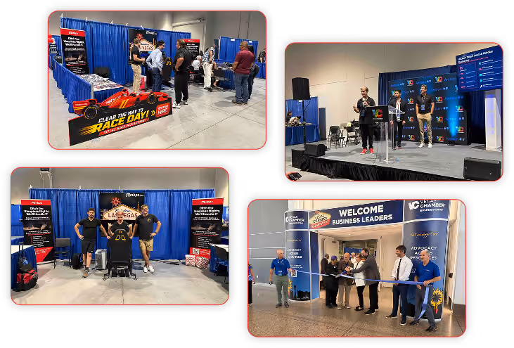 Collage of MBPS event photos including a race car display and a stage presentation