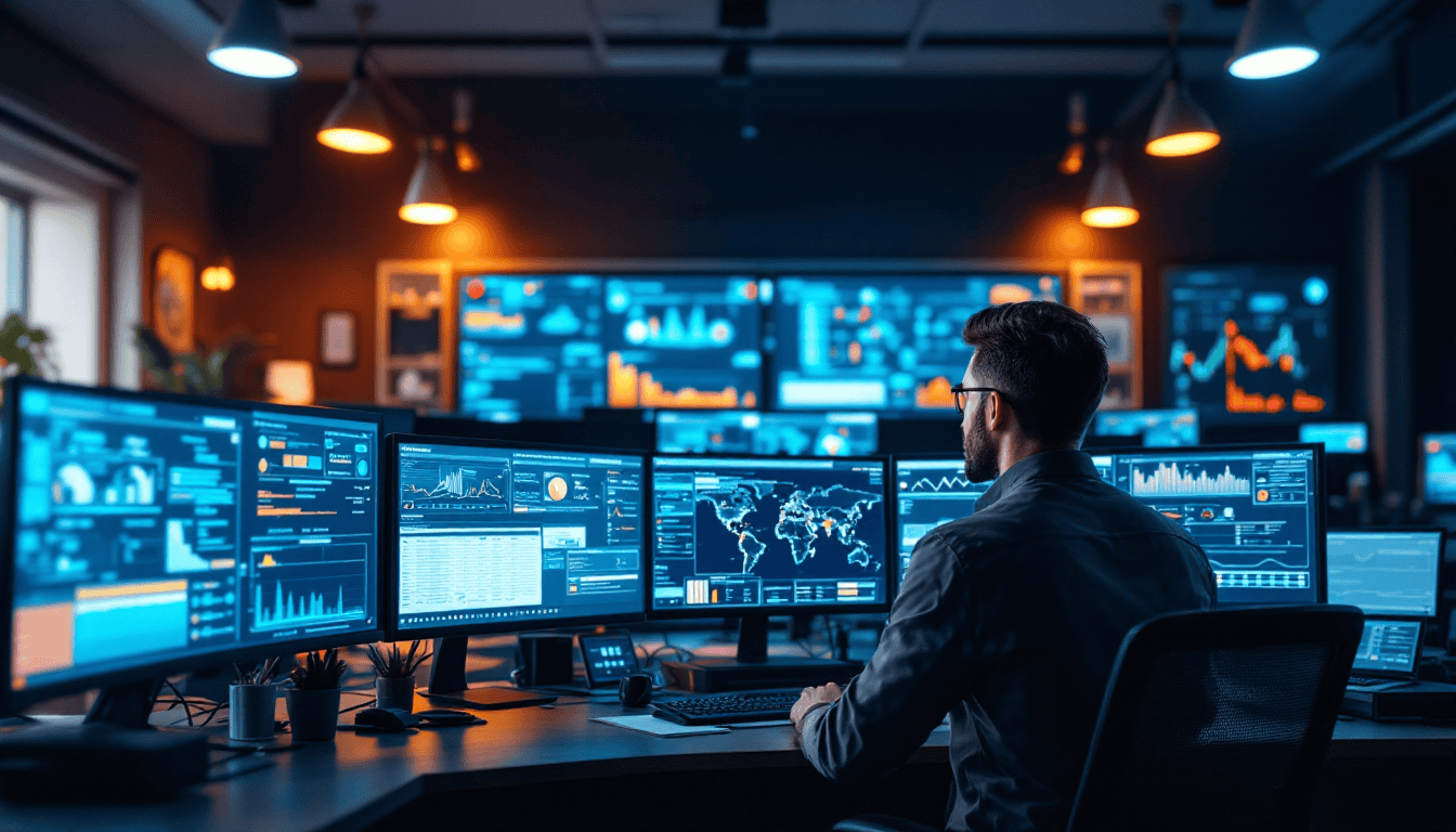 IT technician monitoring cybersecurity dashboards showing how managed IT services handle threats in real time