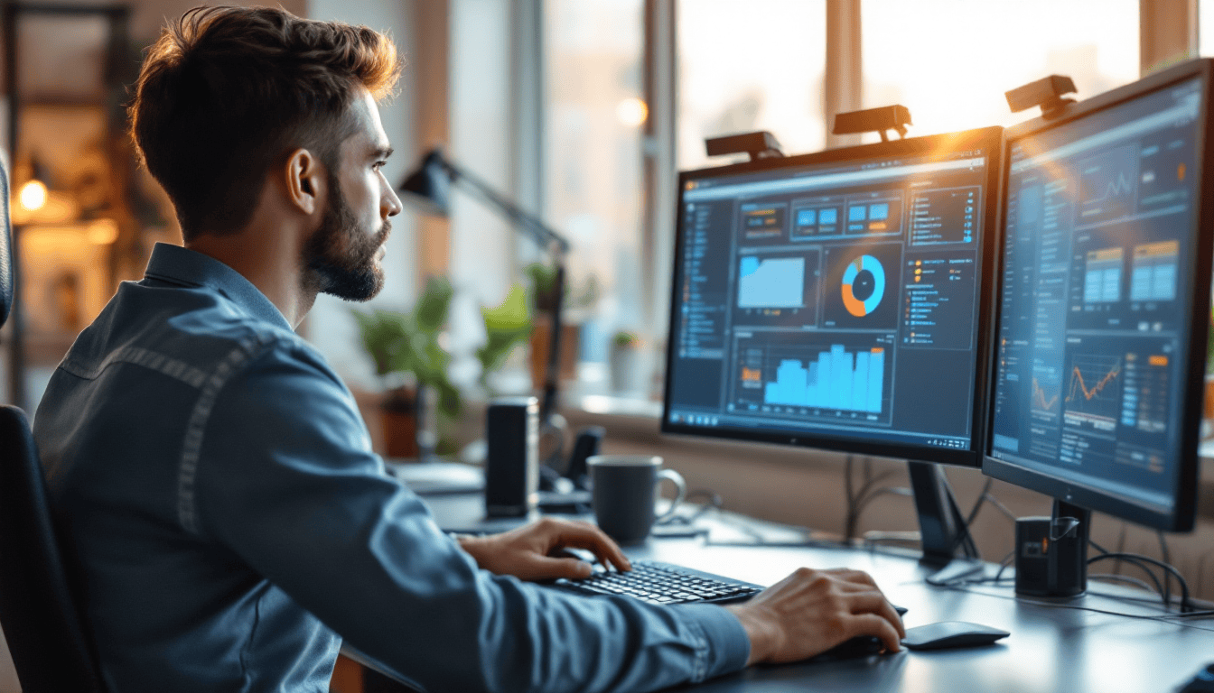 IT technician managing systems included in managed IT services at modern workstation