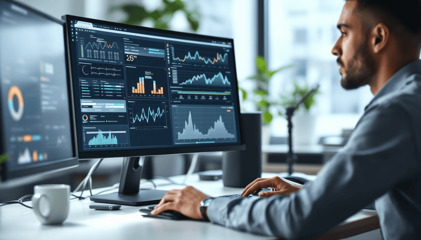 IT technician monitoring managed IT services dashboards at a modern office workstation