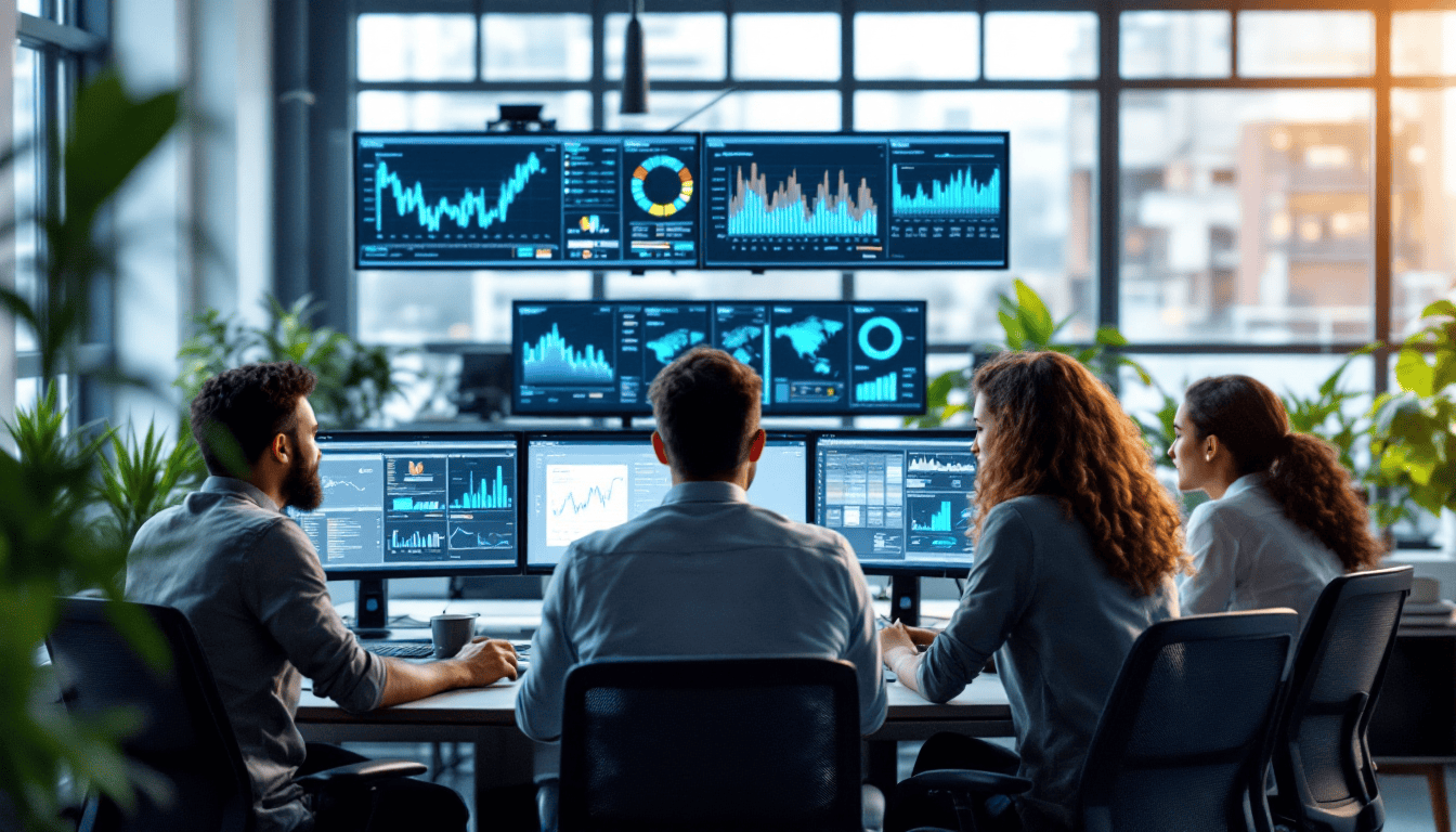 IT professionals monitoring systems in a managed IT services operations center