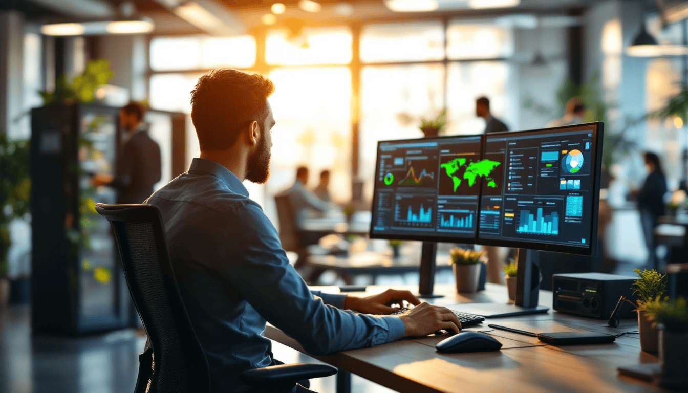 IT technician monitoring managed IT services dashboards at modern office workstation