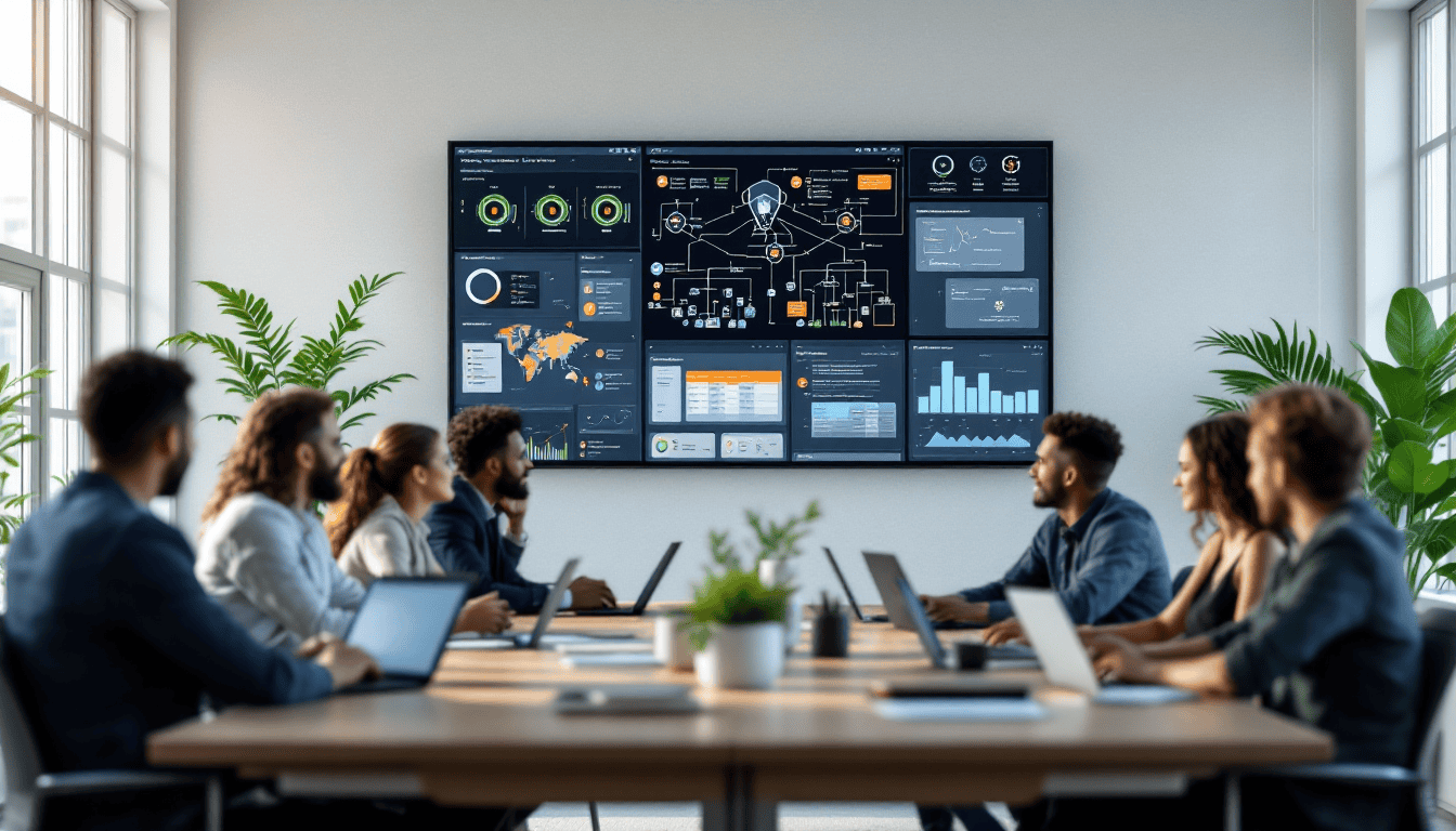 Business team reviewing managed IT services dashboard in modern office environment