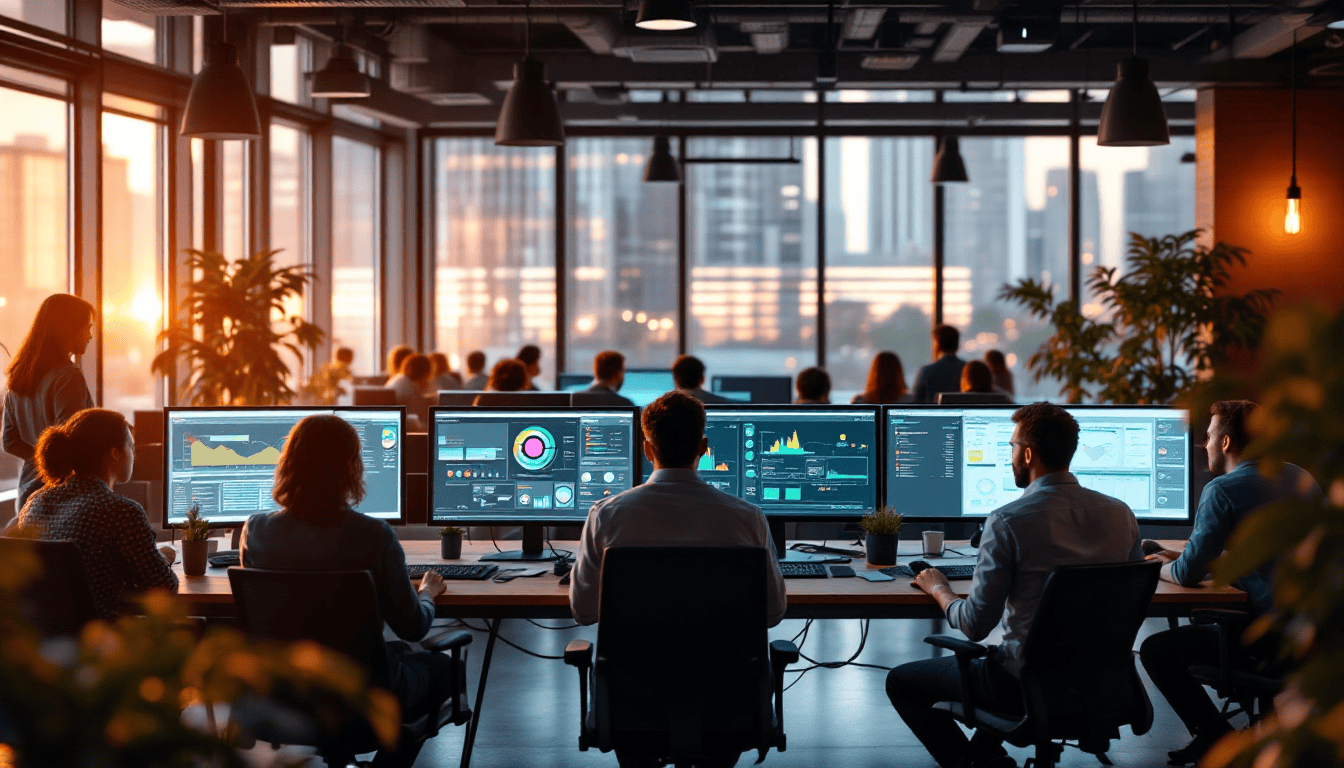 IT professionals collaborating on managed IT services in a modern office setting
