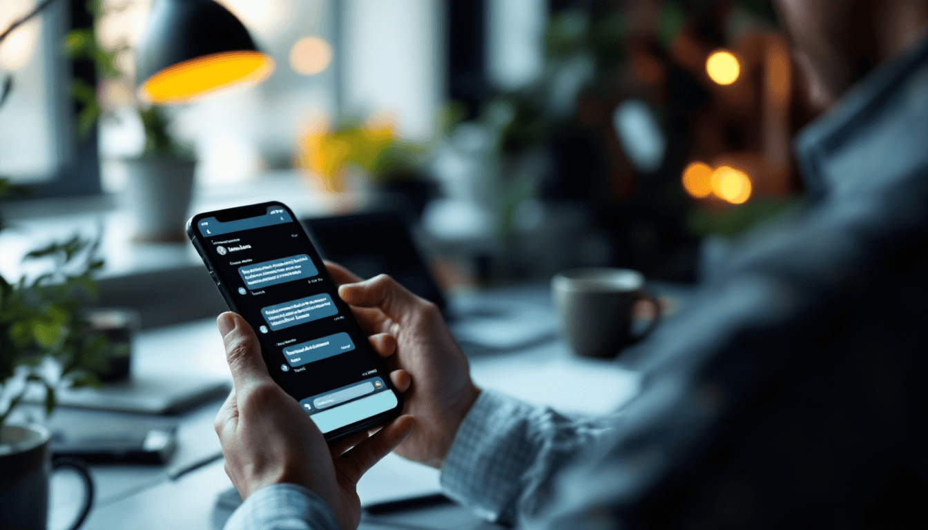 Business owner reviewing an AI impersonation text scam on a smartphone at a desk