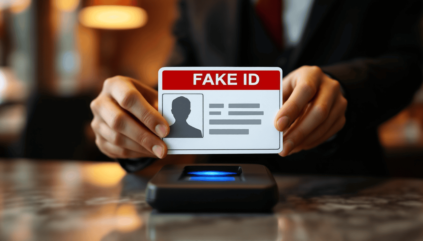 Fake driver license held over an ID scanner after the IDScan breach