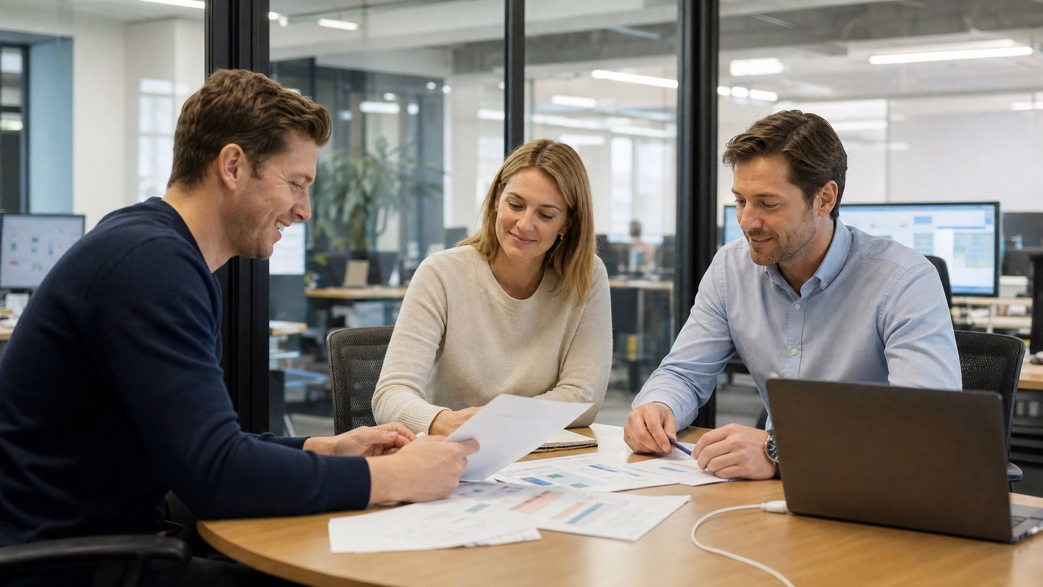 Professionals review documents at conference table, laptop charging 70