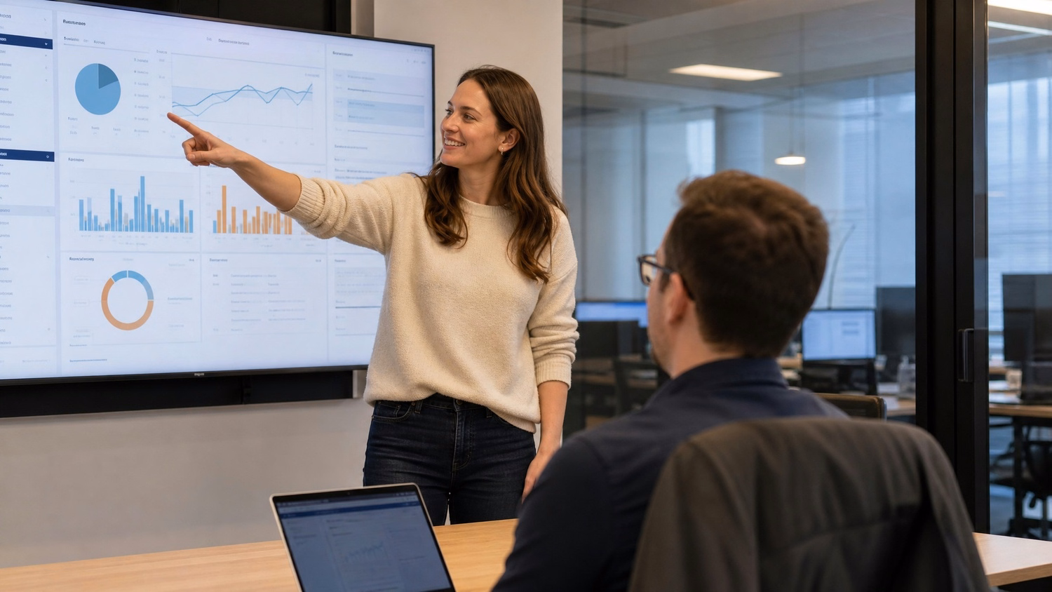 Presenter pointing at a dashboard on a wall screen during a meeting