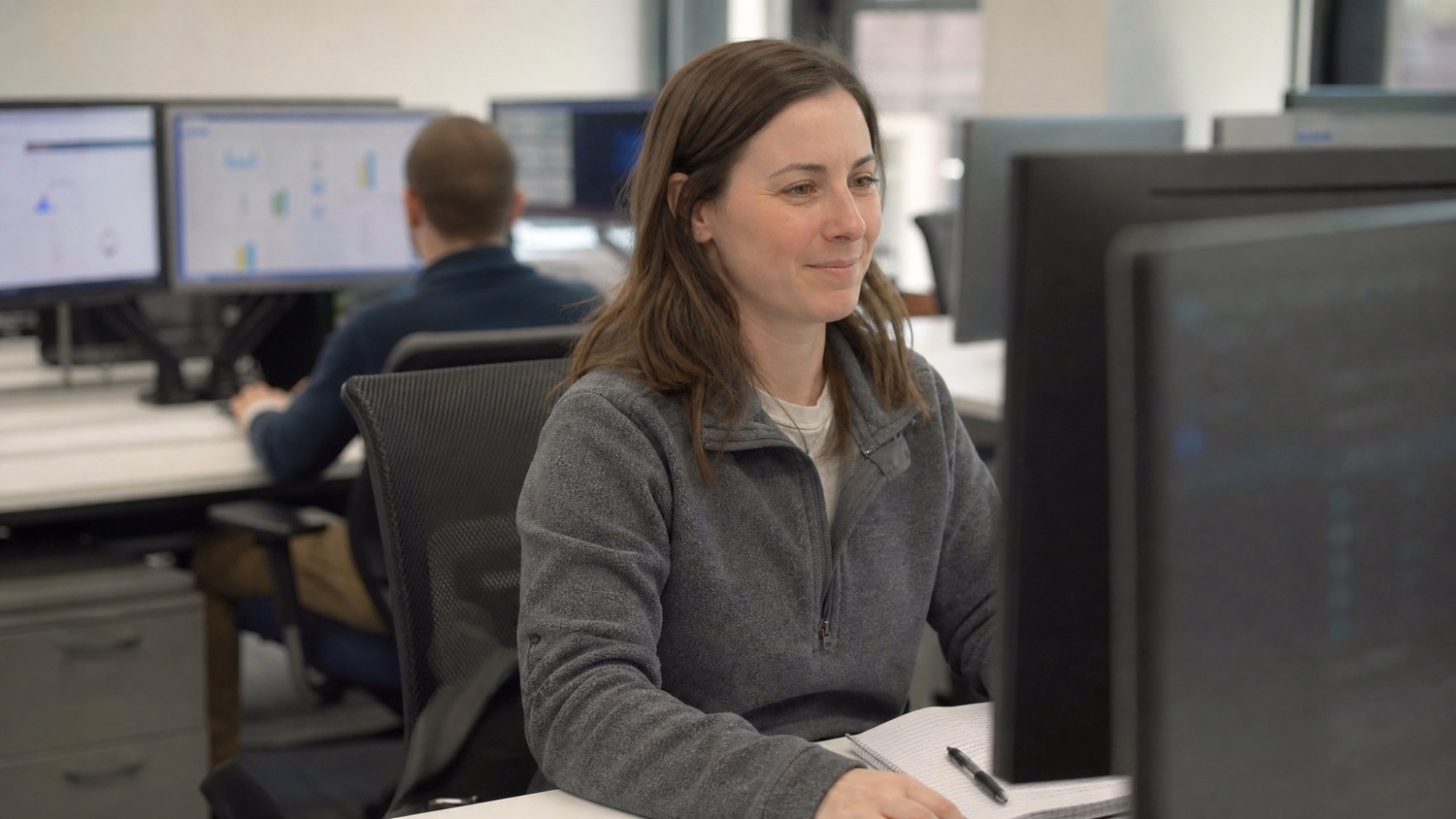 Woman at desk viewing computer screen, cybersecurity
