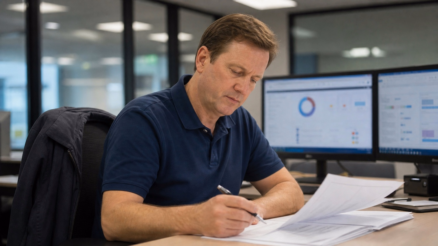 Person signing a printed document at a desk in an office
