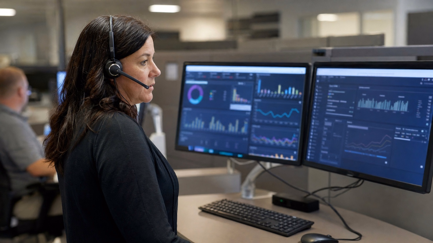 HELP DESK COUNTER A woman with dark hair in her mid-40s stands at a help desk