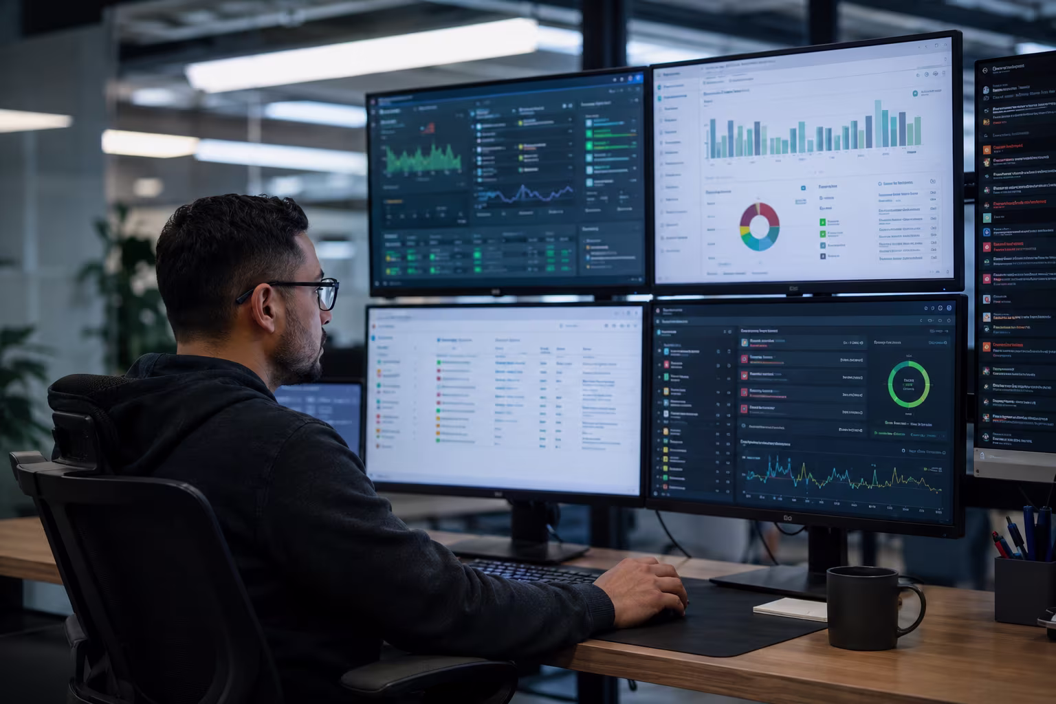 Analyst at a desk with multiple monitors showing performance dashboards