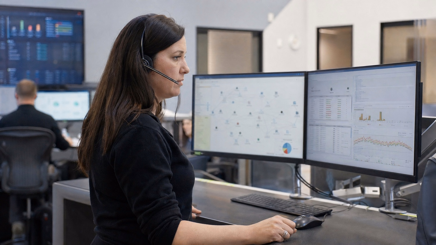 HELP DESK COUNTER A dark-haired woman in her early 40s with a headset on stand