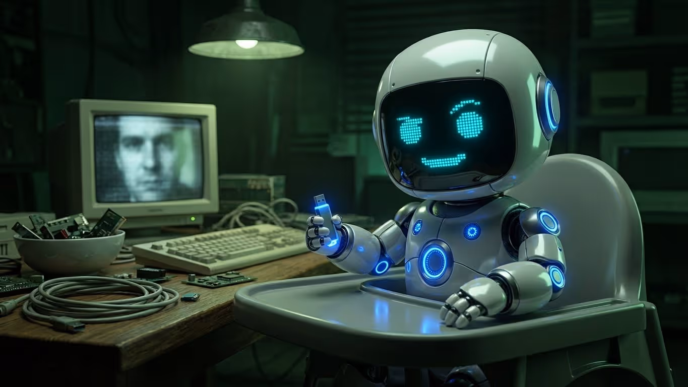 BabyMal, the robot character from the MBPS malware family campaign, at a vintage terminal