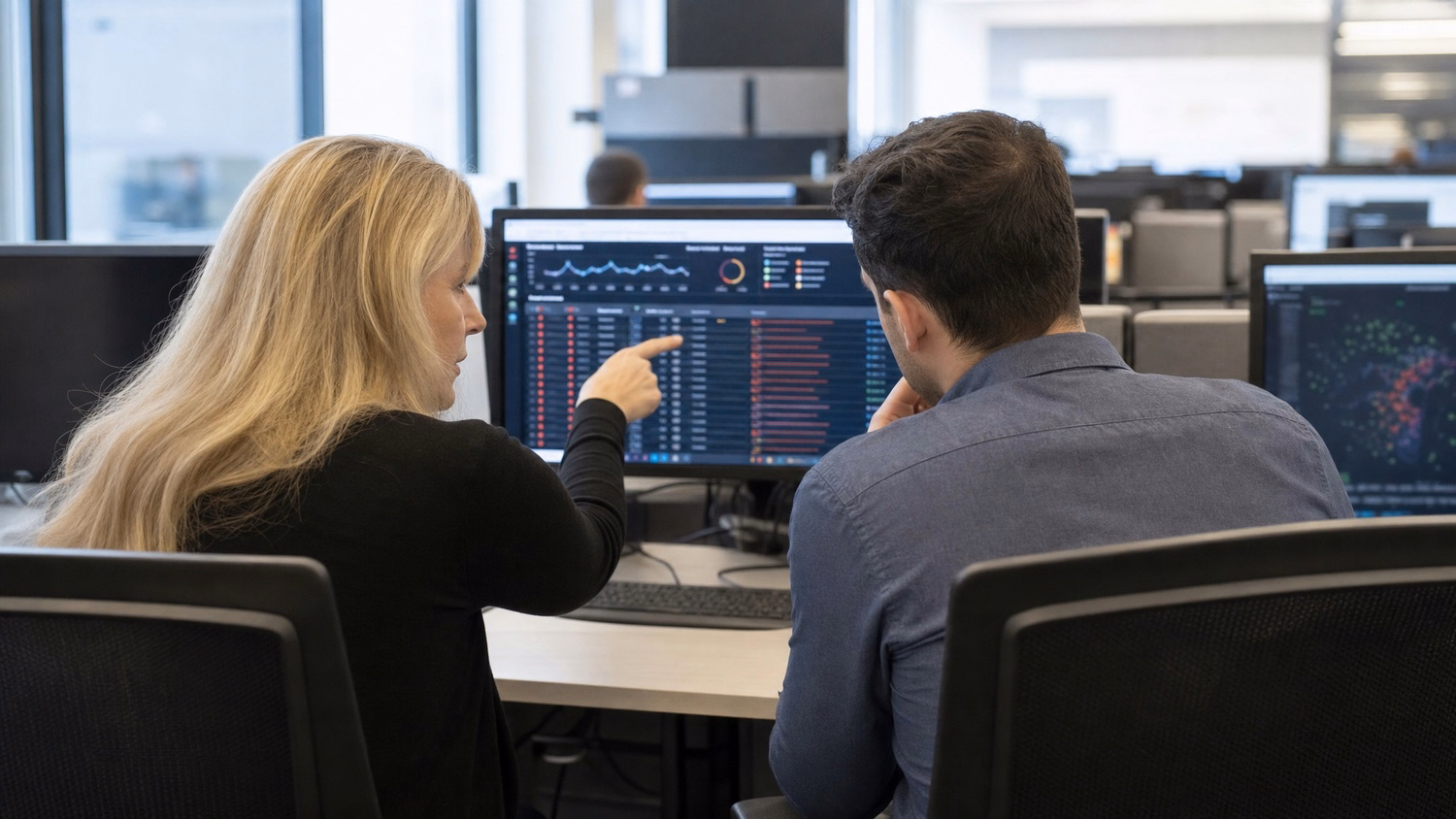 Woman points at cybersecurity dashboard with man