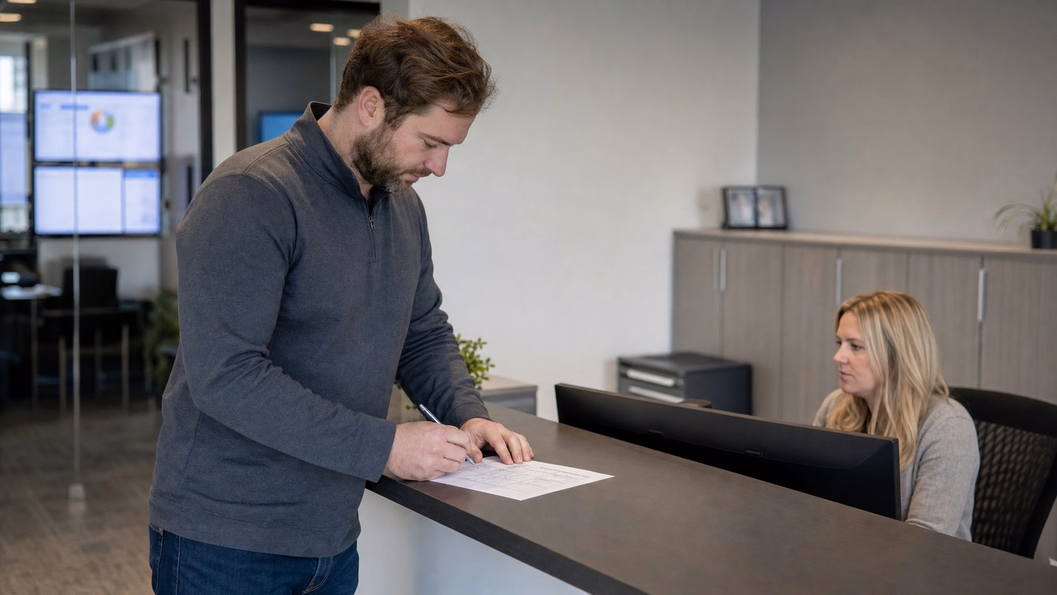 Man reviewing employee training schedule at reception desk