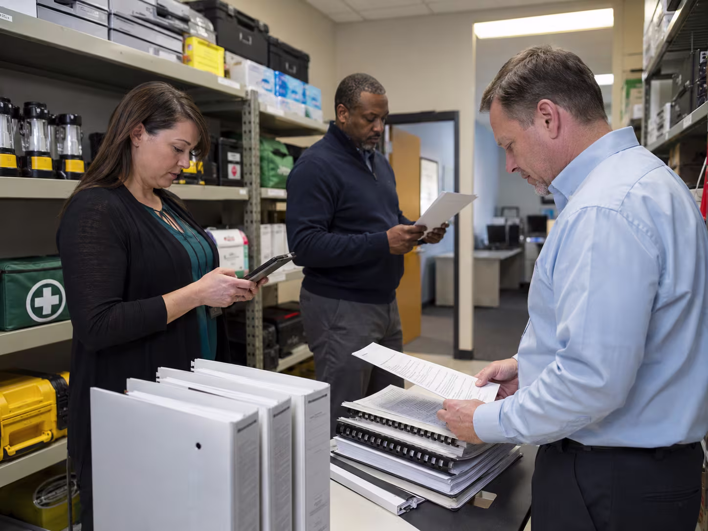Staff checking hardware against a checklist in an equipment storage room