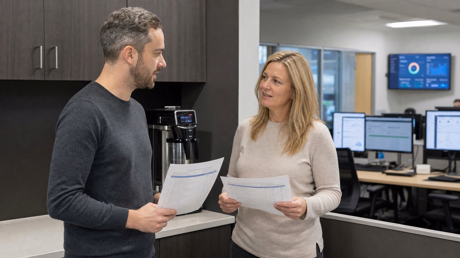 Colleagues discuss printouts by coffee machine