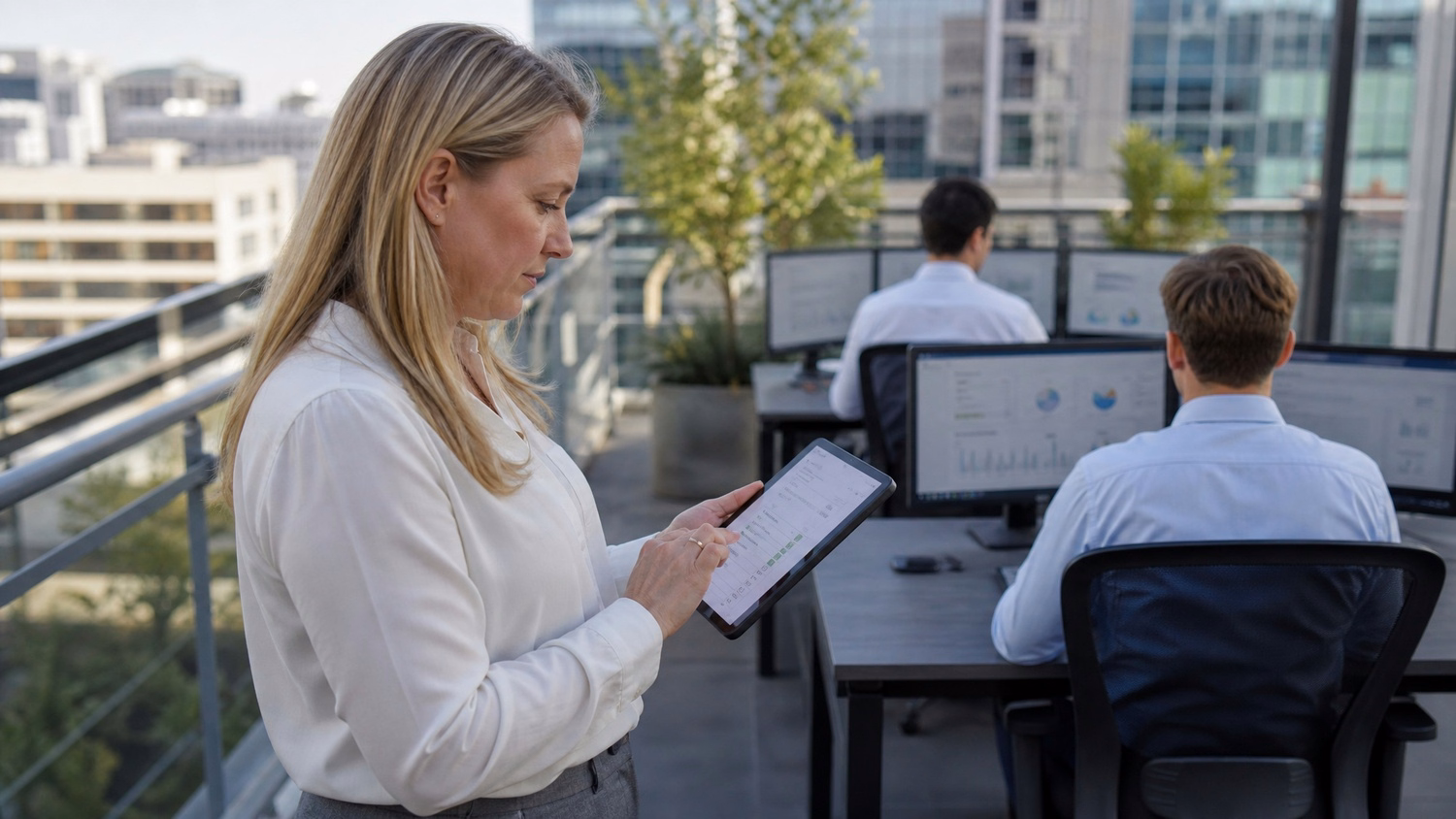 Woman reviews tablet compliance checklist on sunny terrace 66