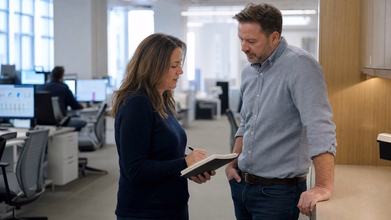 Colleagues discuss notebook near office kitchen counter