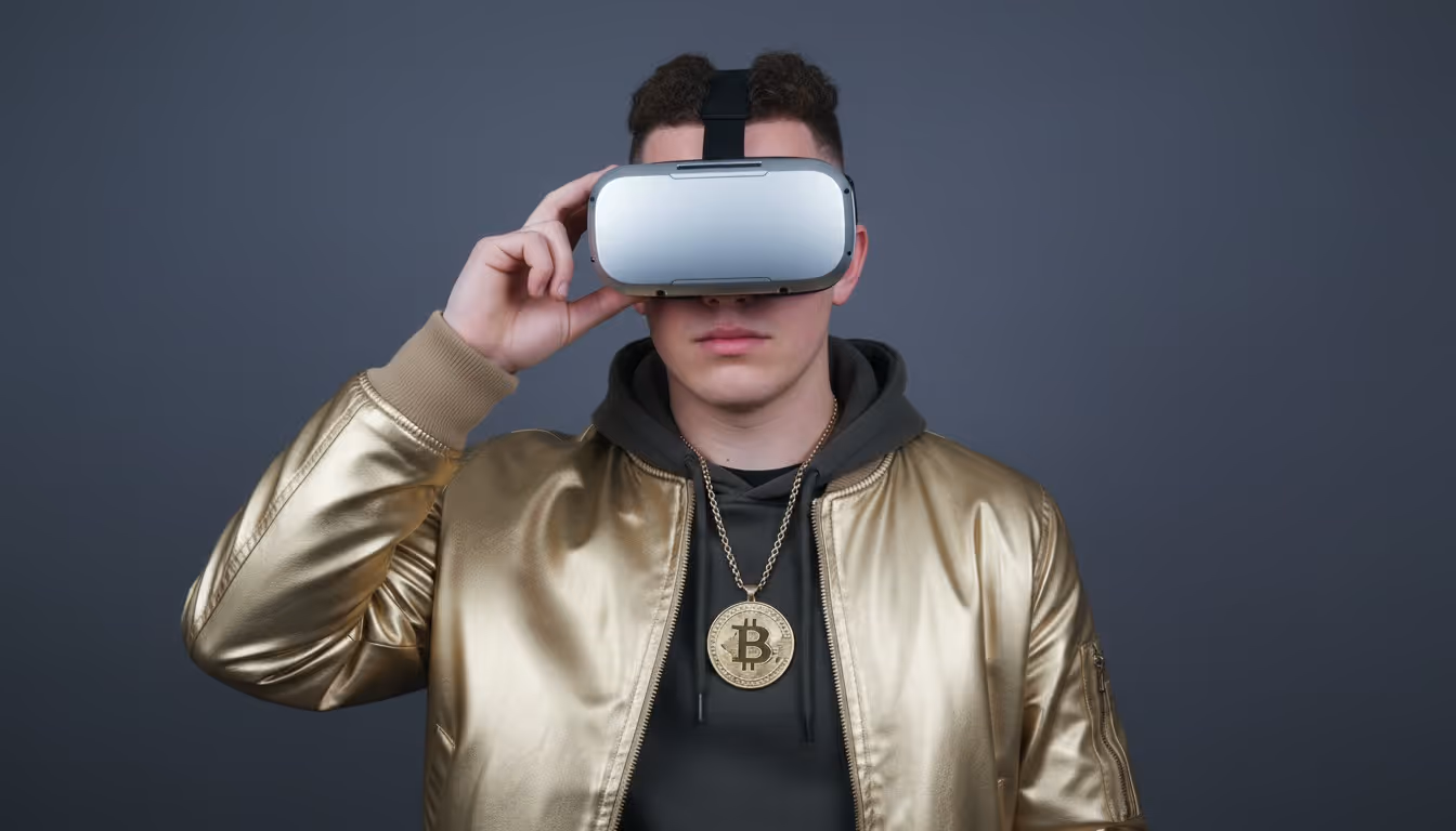 The Crypto Bro, a character from the MBPS malware family campaign, wearing a VR headset