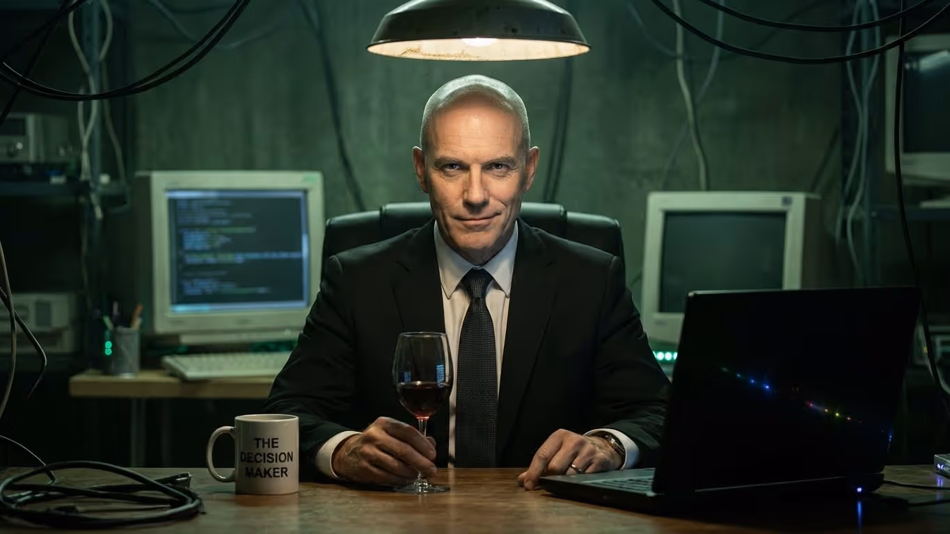 The Patriarch, a character from the MBPS malware family campaign, seated at a vintage computer