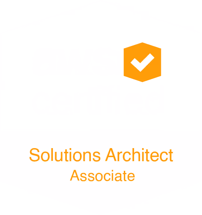 AWS Solutions Architect Associate certification badge with orange hexagon and checkmark
