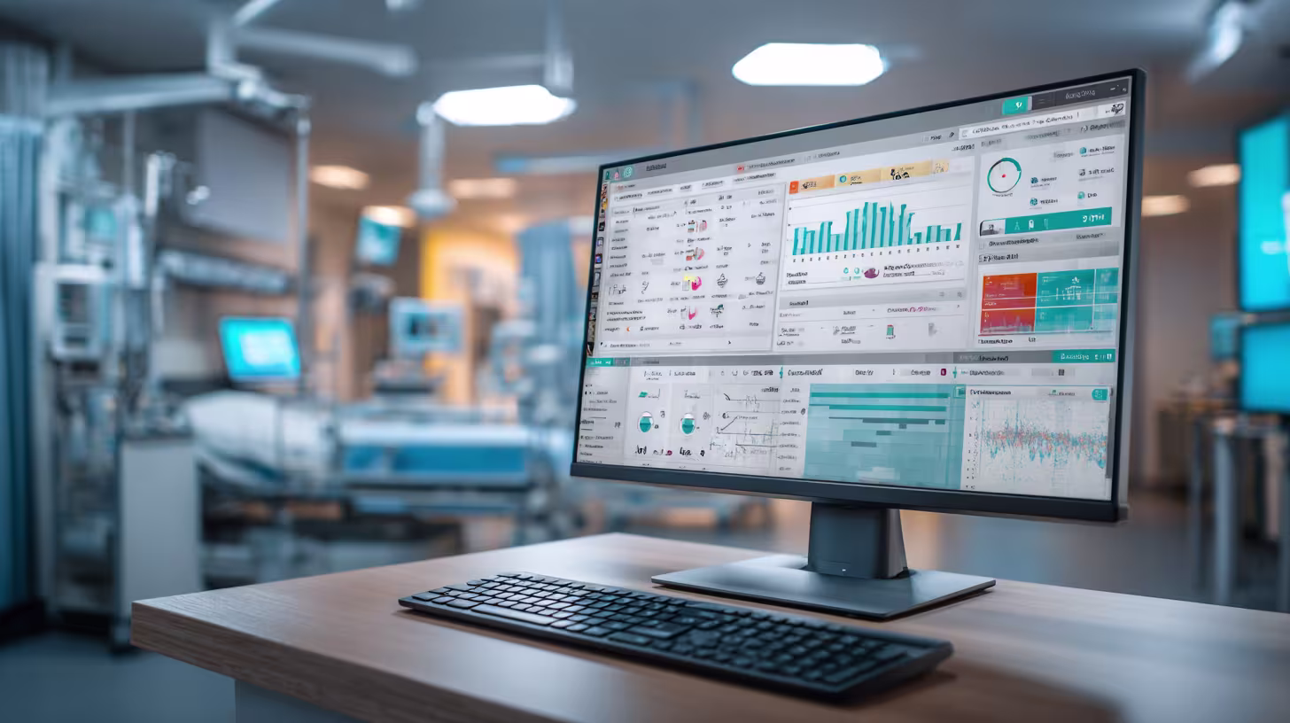 Monitor displaying a healthcare dashboard in a hospital room