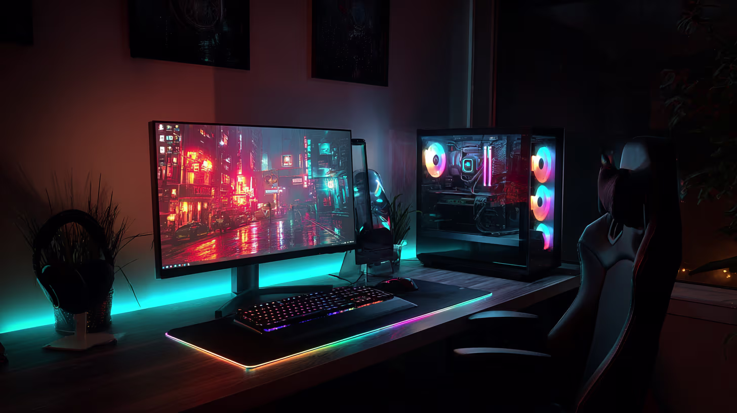 Gaming setup with an RGB-lit monitor, keyboard and headset