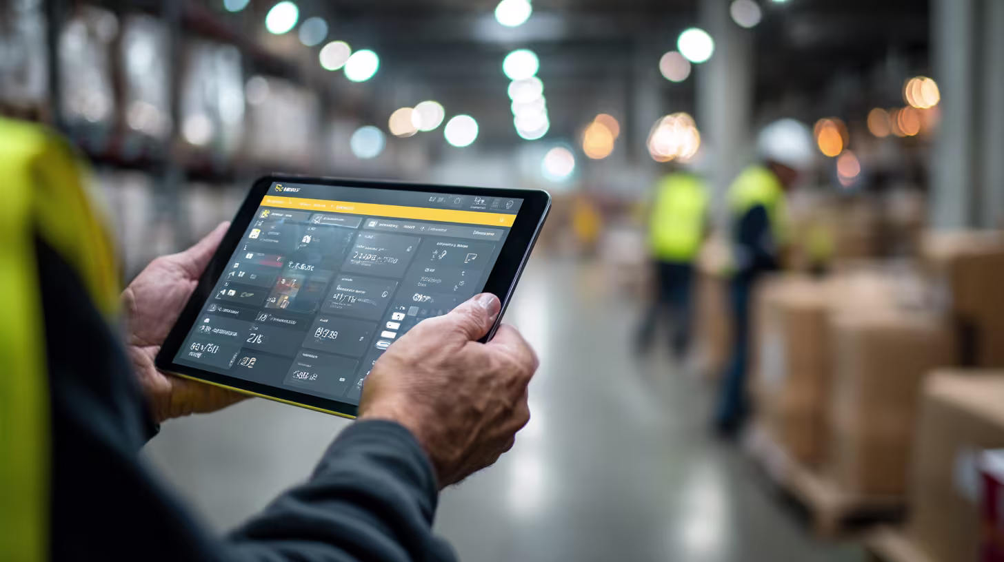 Hand holding a tablet showing an inventory dashboard in a warehouse