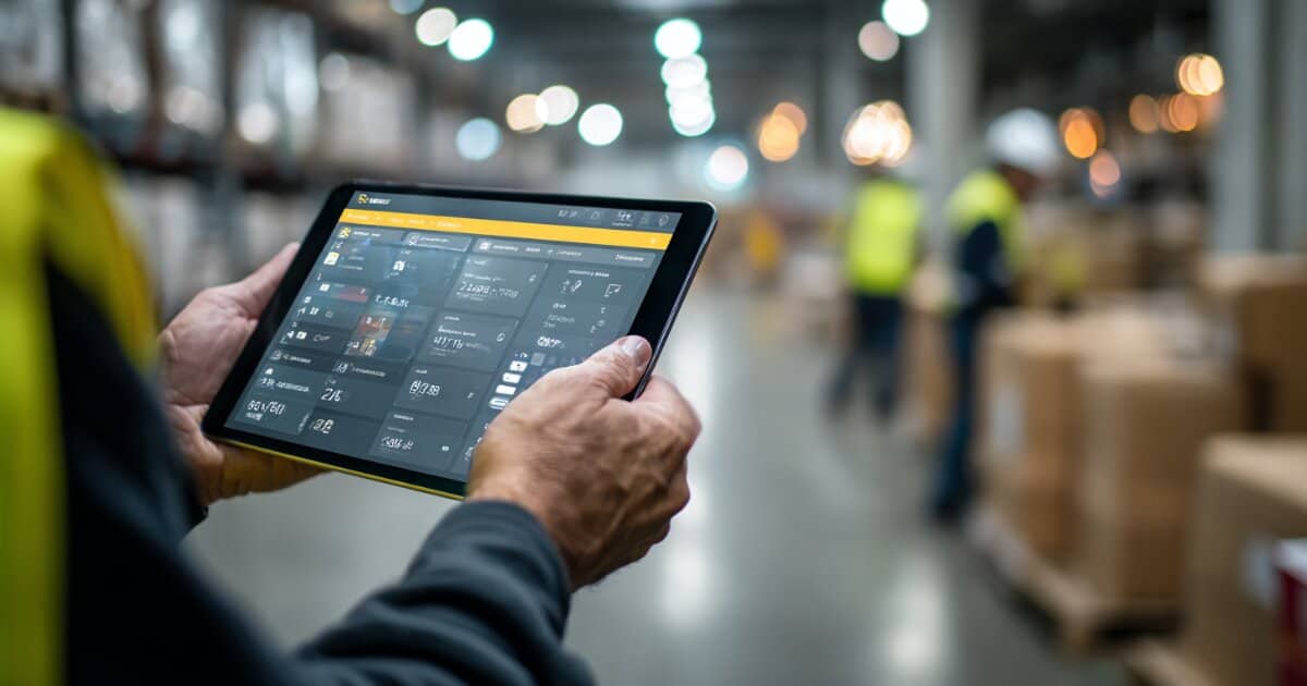 Warehouse worker checking a logistics dashboard on a tablet