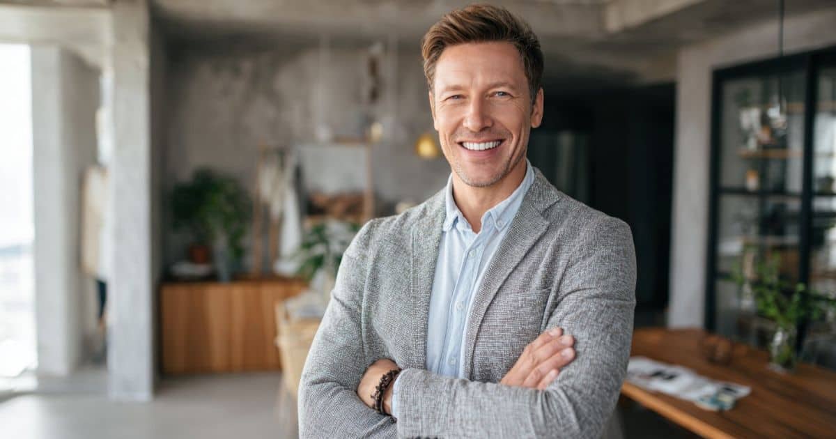 Real estate professional standing in a modern office