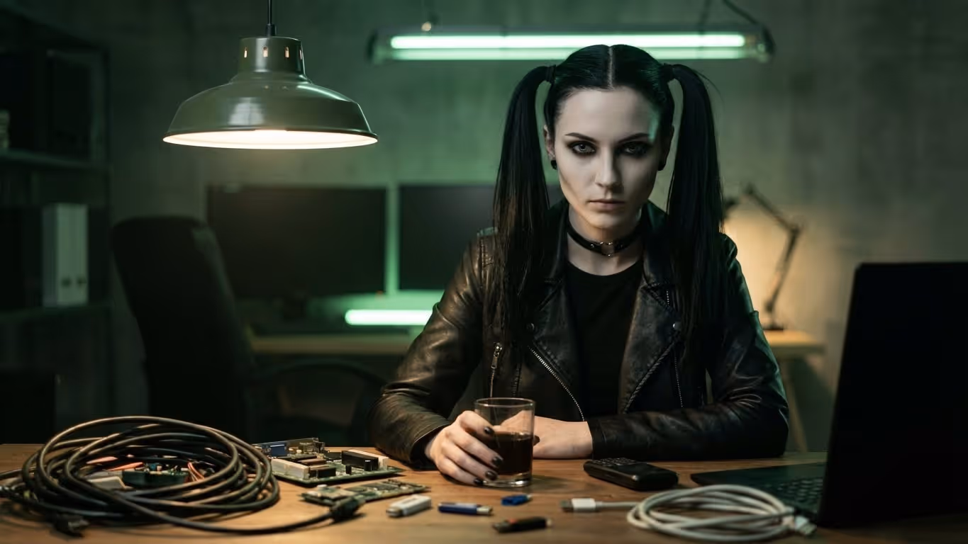 The Exploit Sister, a character from the MBPS malware family campaign, at a desk strewn with cables