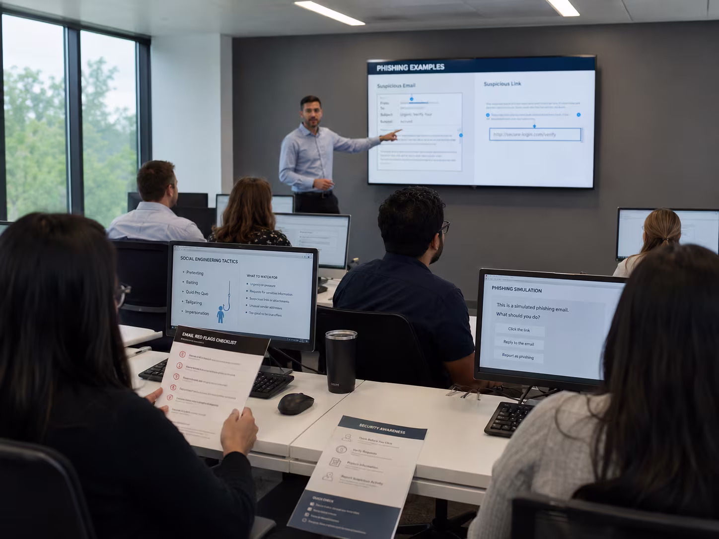 Presenter at a screen addressing staff during a training session