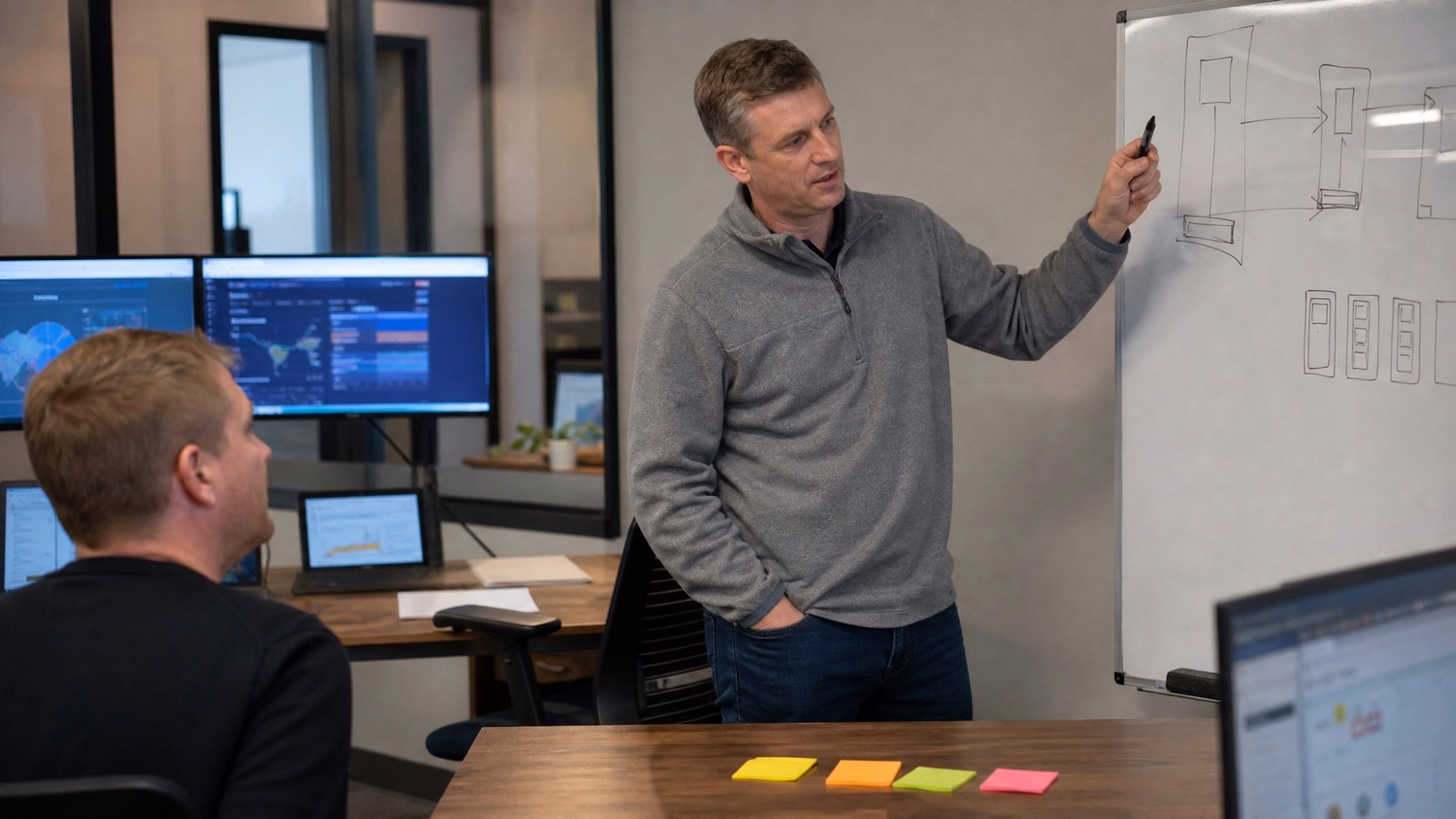Man in grey fleece explains whiteboard concepts with sticky notes 72