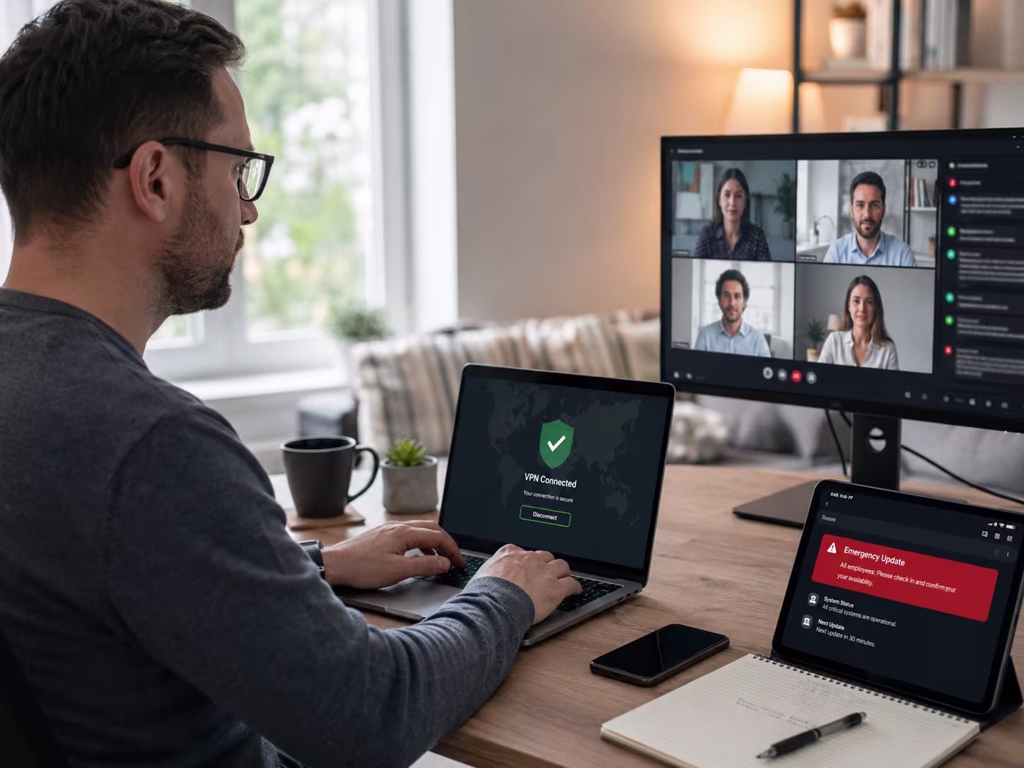 Person on a video call with security status panels open on screen