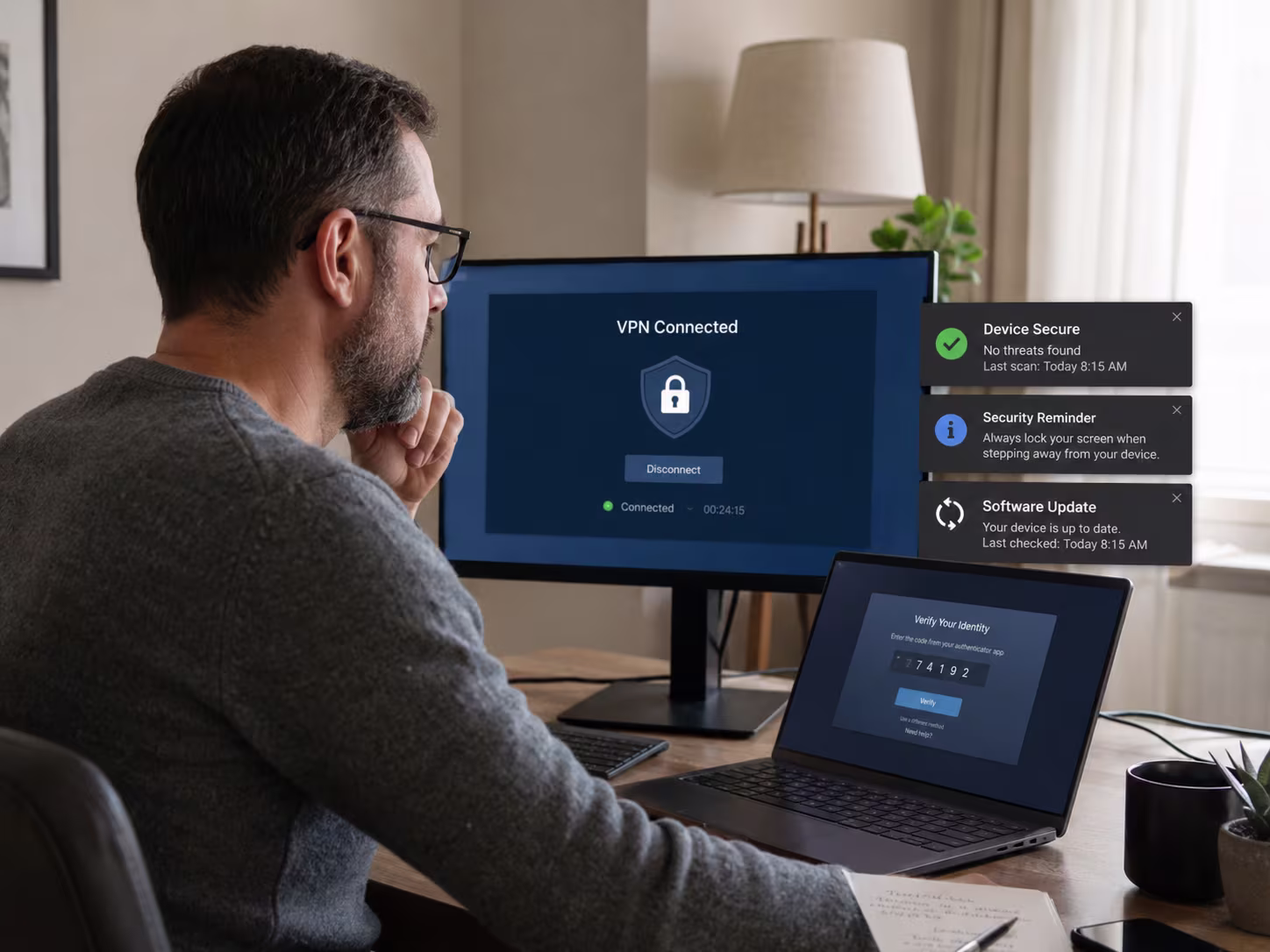 Person at a desk with a VPN connected security status panel on screen