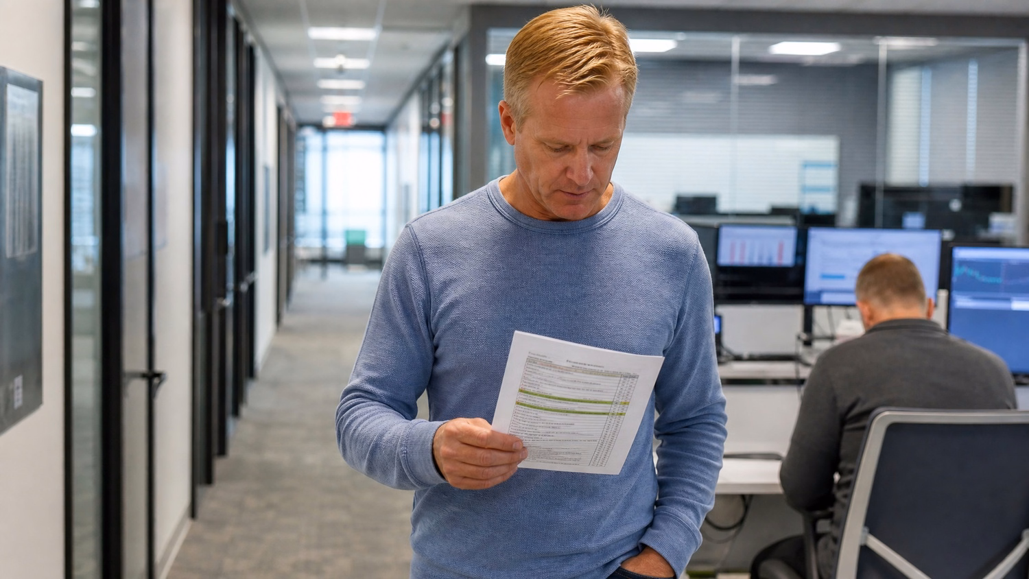 Man in office corridor reviews compliance checklist 55