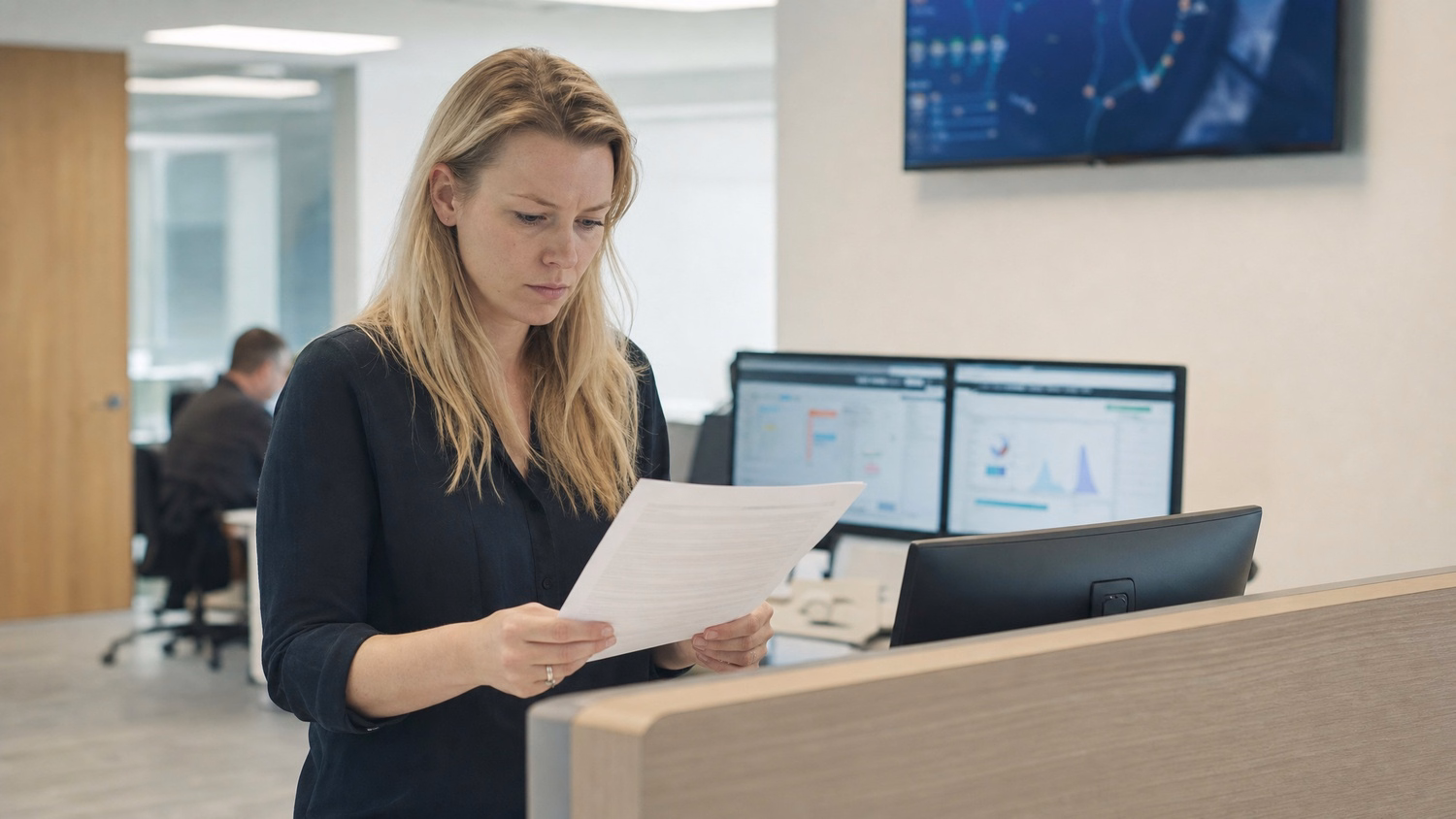 Woman reviews data breach alert at reception desk