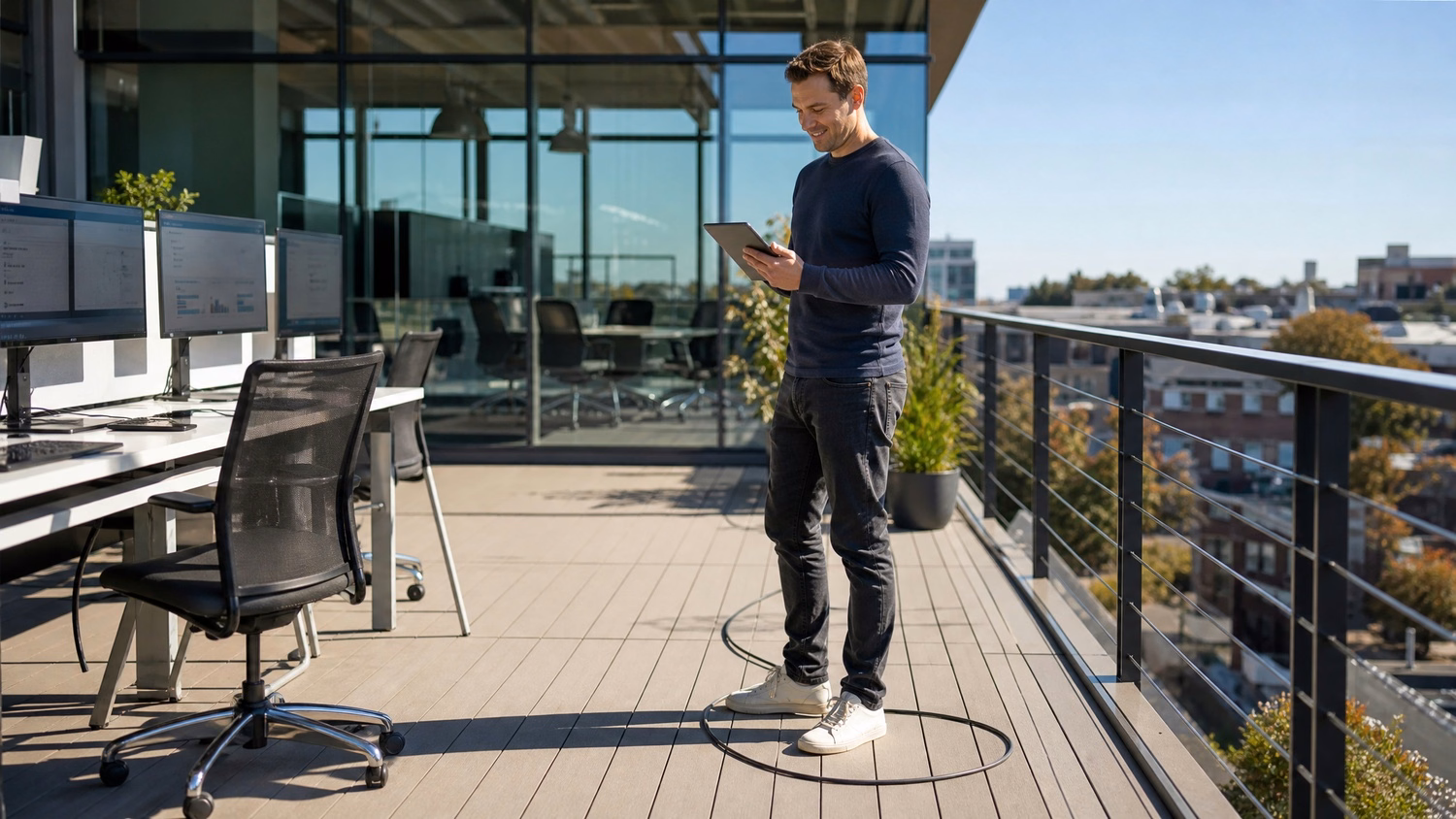 Worker on terrace with tablet, stray cable near feet