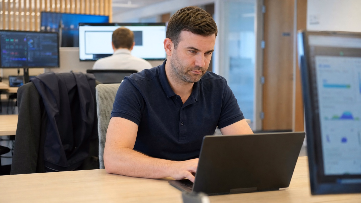 Man in polo shirt works on laptop in office lounge