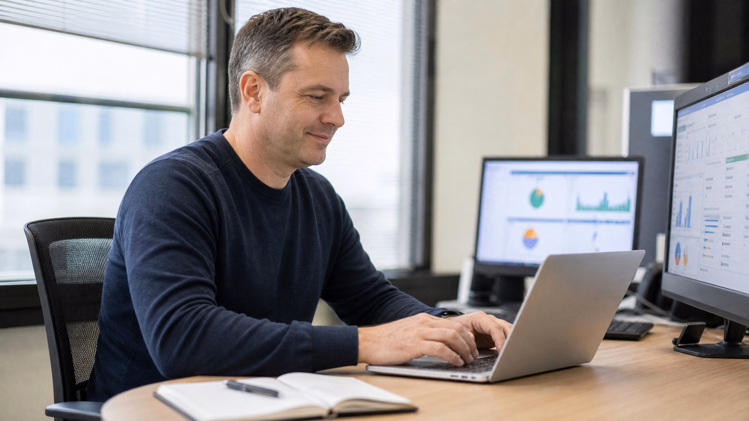 Man at desk with laptop, notepad, and window light