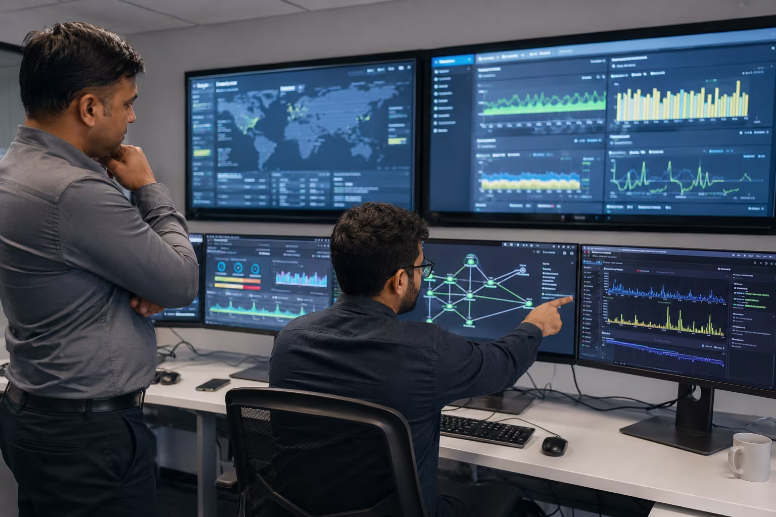 Two IT analysts reviewing monitoring dashboards on large wall-mounted screens