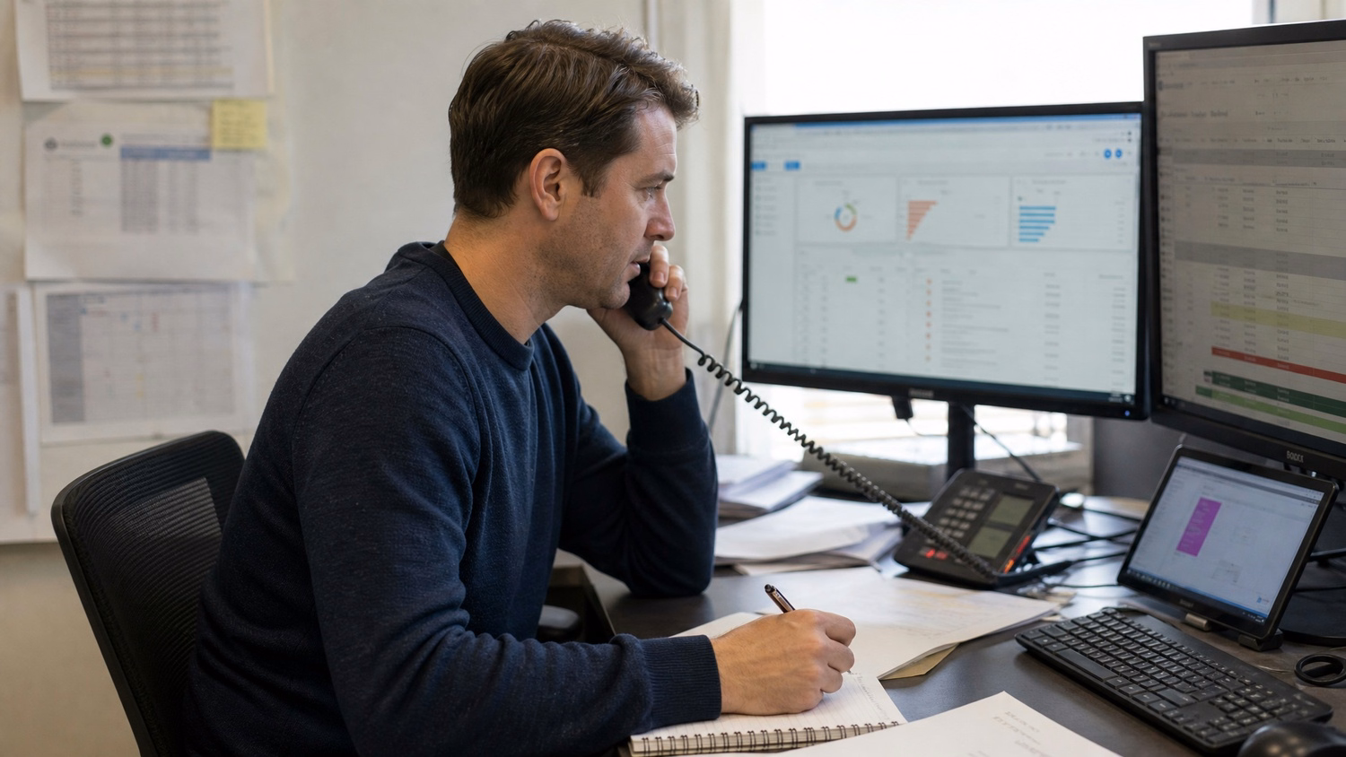 Man on phone, scanning spreadsheet at cluttered desk