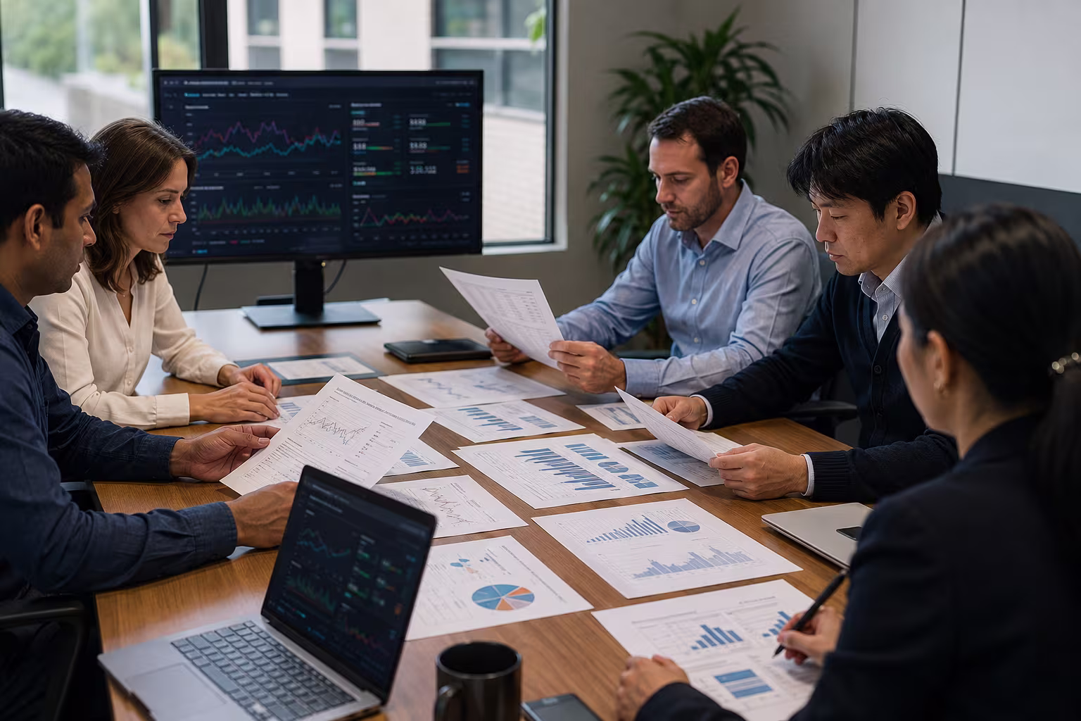 Team reviewing printed reports and laptops around a meeting room table