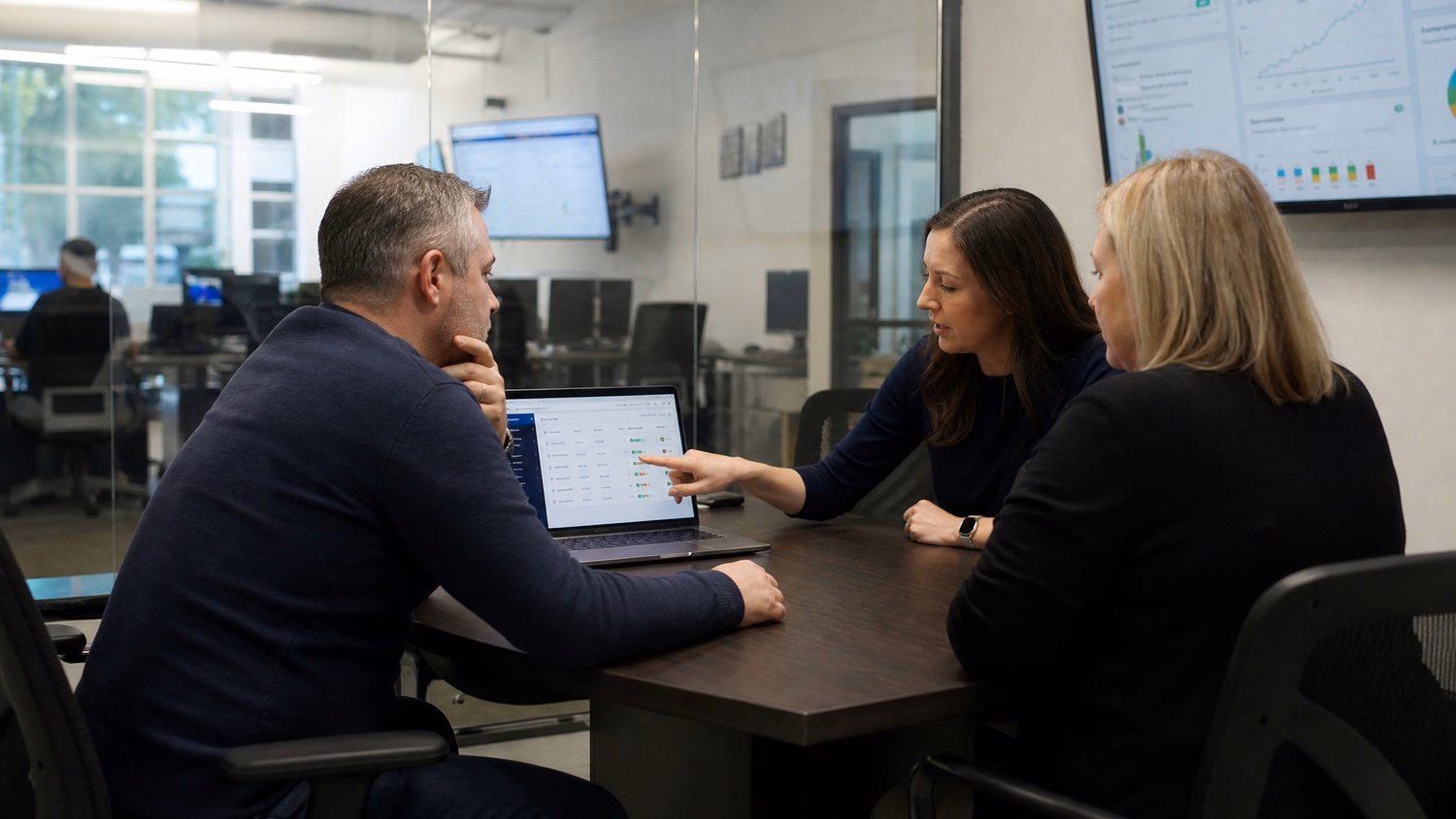 Team meeting in small glass conference room