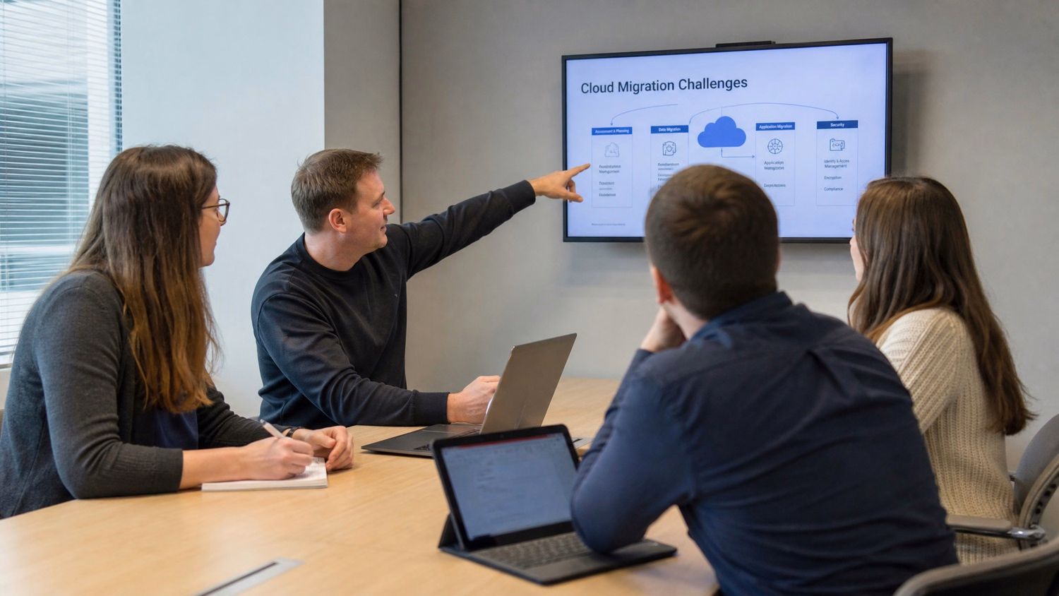 MEETING TABLE An IT professional two to four people seated around a meeting