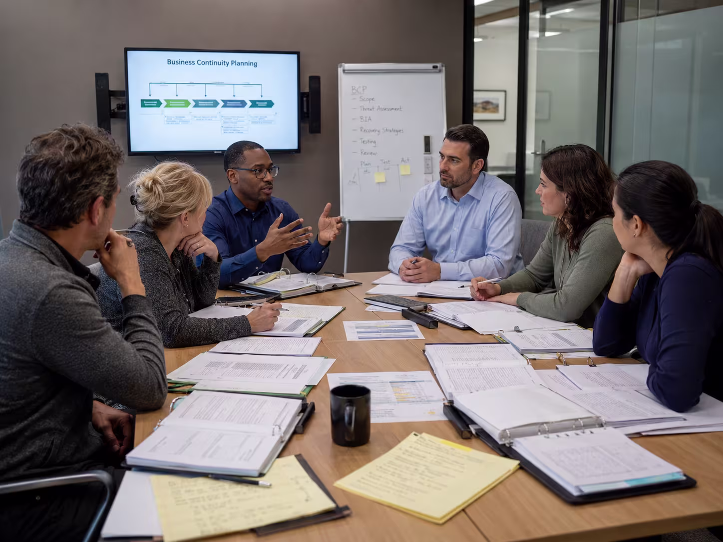 Team discussion around a table covered with printed planning documents