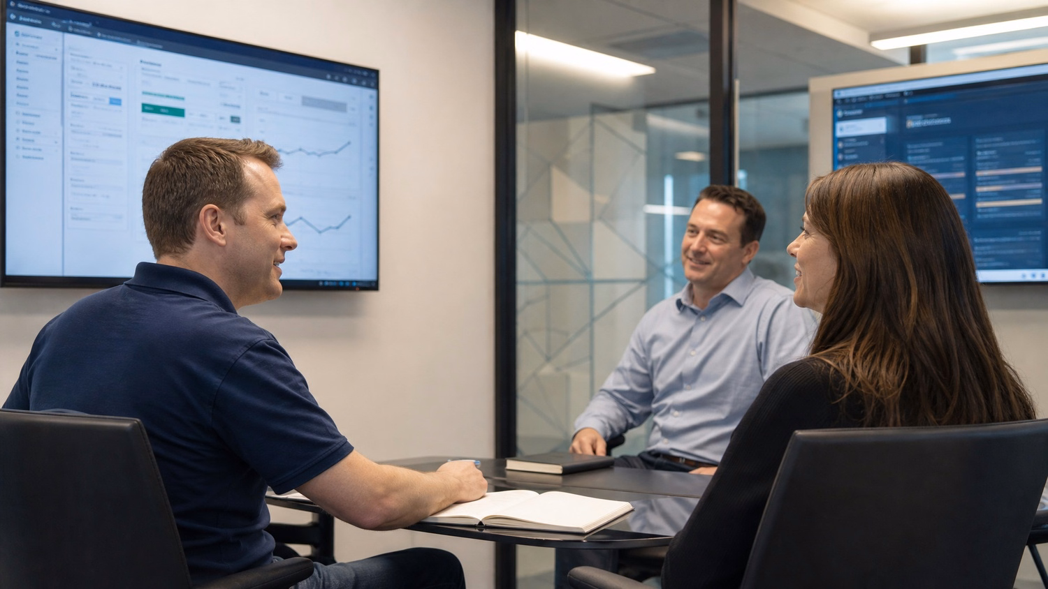 Business meeting team discusses cyber liability insurance strategy